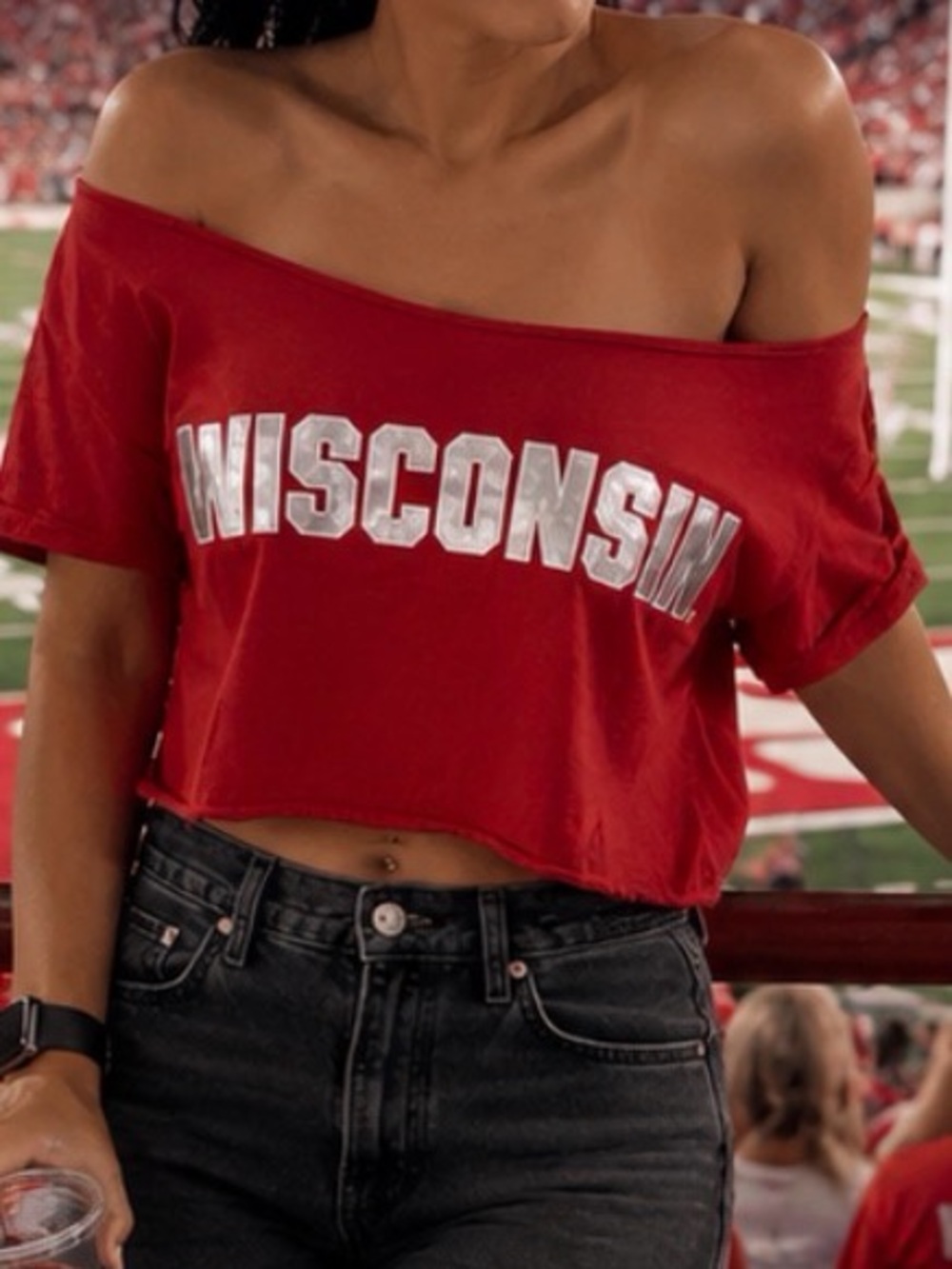 PINK Victoria's Secret Red 'WISCONSIN' Badger Off-Shoulder Crop Top - Reversable